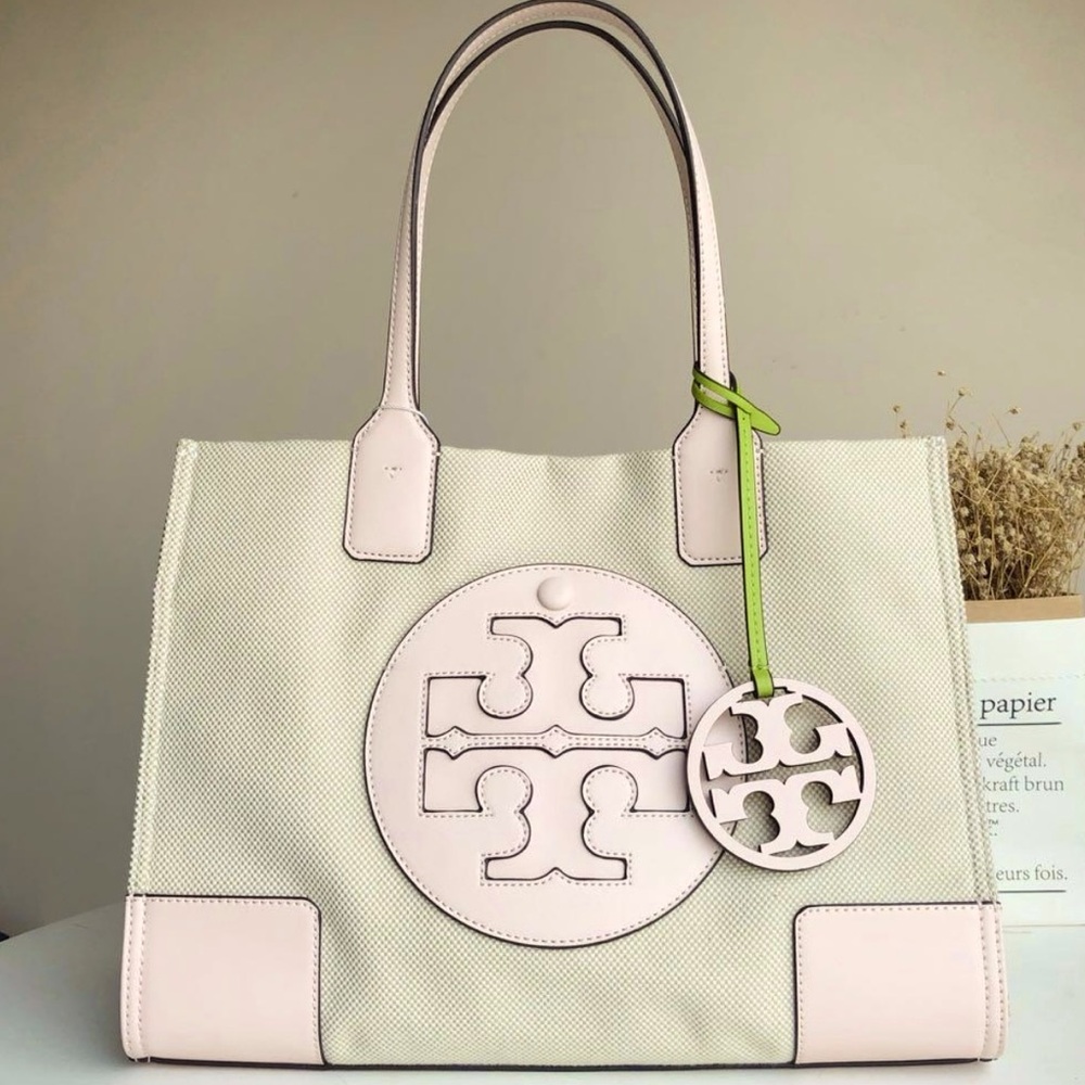 Tory Burch Pink leather and canvas ella large tote